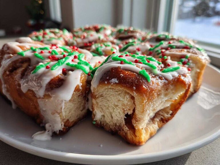 Close-up of freshly baked christmas tree cinnamon rolls covered in white icing and red/green sprinkles.