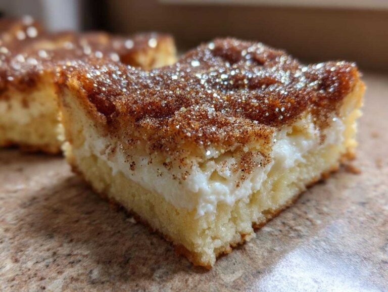 A close-up shot of a square slice of churro cheesecake showing the creamy filling and cinnamon sugar topping.