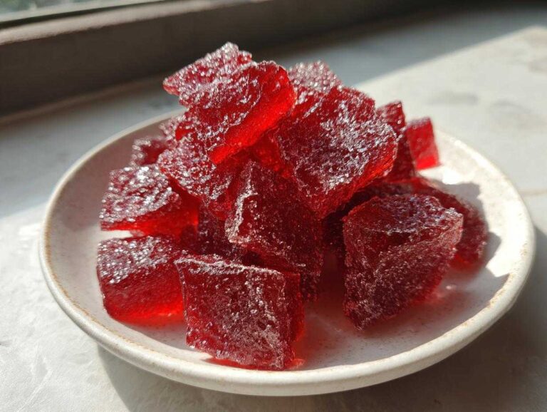 Close-up of sparkling, ruby-red squares of homemade cinnamon rock candy piled in a small white bowl.