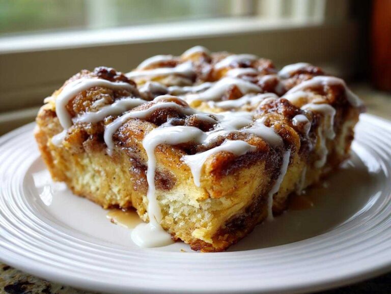 Close-up of a square portion of baked cinnamon roll french toast drizzled generously with white icing.