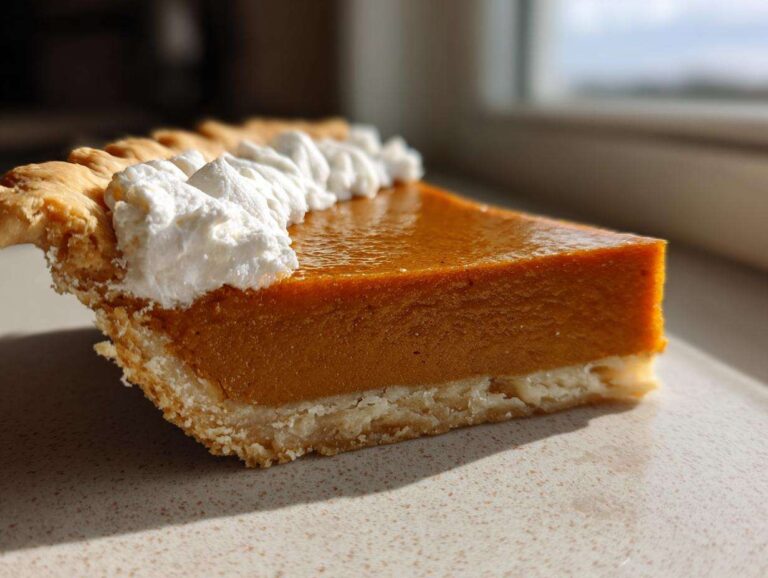 A close-up slice of classic pumpkin pie, featuring a rich orange filling, flaky crust, and dollops of whipped cream.