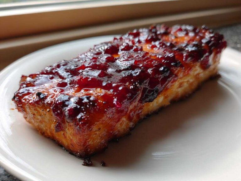 A close-up of a piece of baked cranberry chicken with a thick, glossy, dark red cranberry glaze on top.