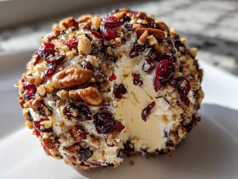 A close-up of a delicious cranberry pecan cheese ball with a piece removed, showing the creamy interior and crunchy coating.