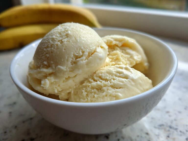 Three scoops of creamy, pale yellow banana ice cream served in a small white bowl, with whole bananas blurred in the background.