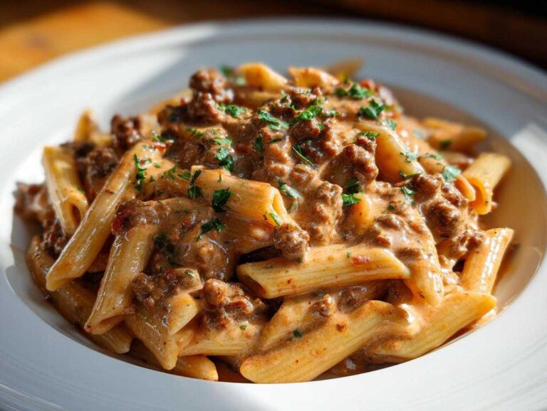 A close-up of creamy beef pasta made with penne, rich sauce, and fresh parsley garnish.