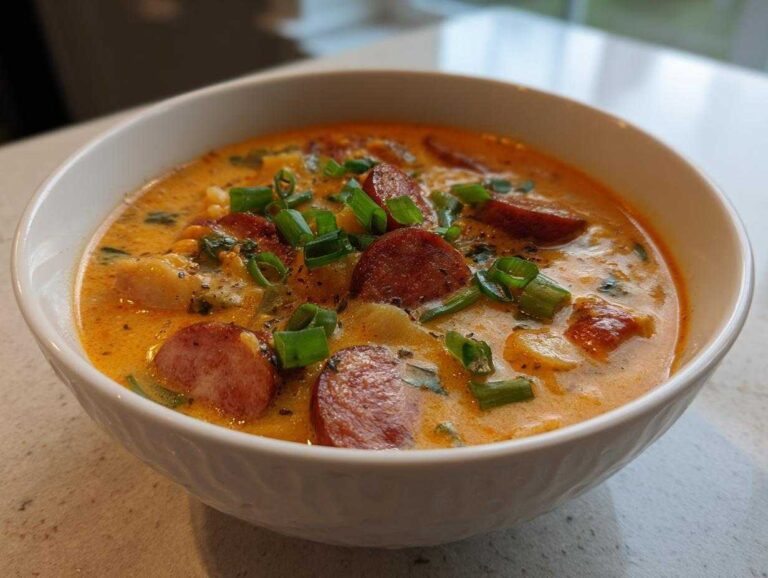 A close-up of a creamy, orange-hued Cajun potato soup topped with sliced smoked sausage and green onions.