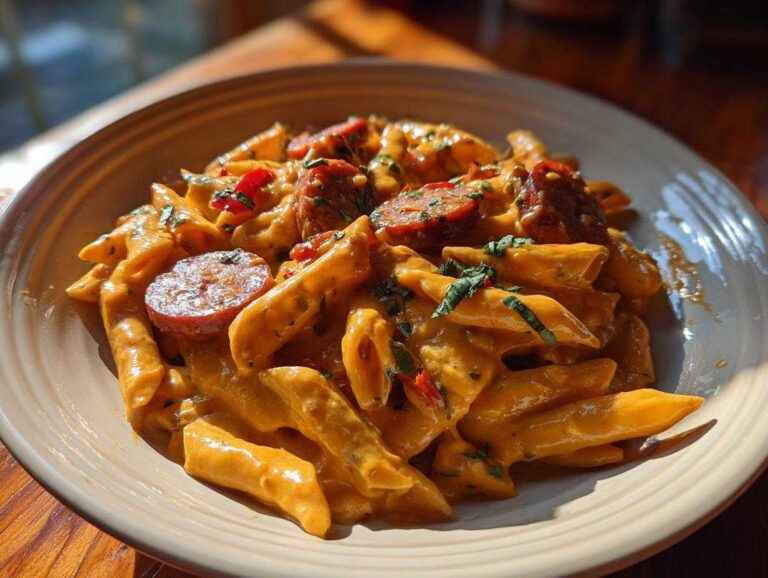 Close-up of creamy cajun sausage pasta featuring penne coated in an orange sauce with sliced sausage.