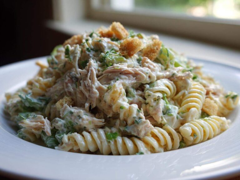 A close-up of creamy chicken caesar pasta salad featuring rotini pasta, shredded chicken, and croutons on a white plate.
