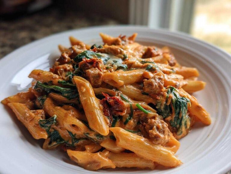 A close-up of creamy chicken sausage pasta featuring penne, spinach, and sun-dried tomatoes on a white plate.