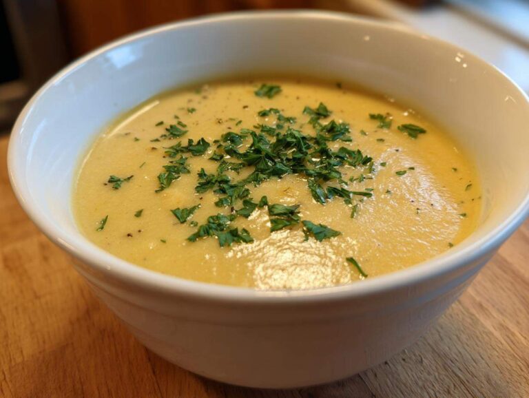 Close-up of a bowl of creamy yellow chickpea soup topped with chopped fresh parsley.