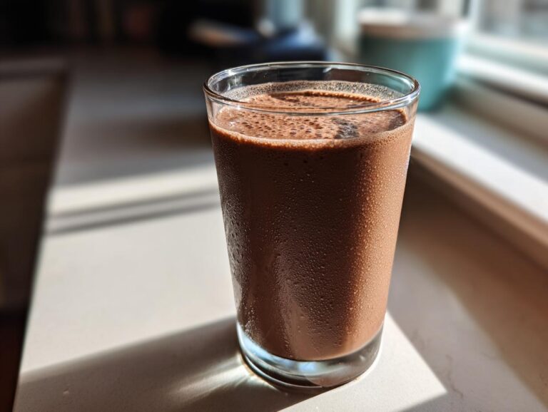 A tall, frosty glass filled with a rich brown Coffee Smoothie sits on a counter bathed in sunlight.