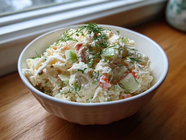 A close-up of a white bowl filled with creamy crab salad, featuring shredded imitation crab, celery, and fresh dill garnish.