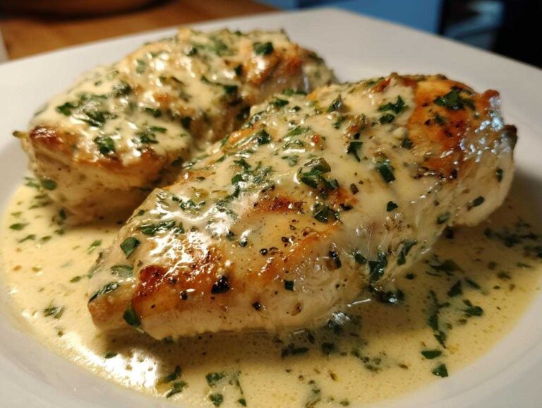 Two seared chicken breasts smothered in a creamy garlic parmesan chicken sauce, topped with chopped parsley.