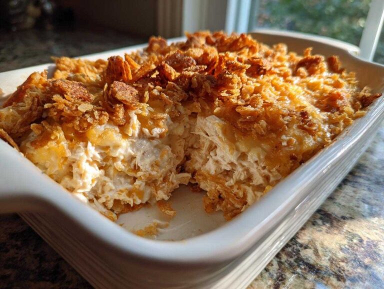 A close-up of a creamy hot chicken salad casserole in a white dish, featuring shredded chicken and a crunchy cornflake topping.