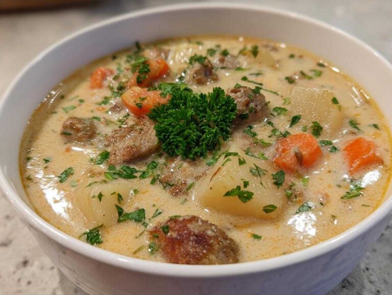 A close-up of a white bowl filled with creamy Italian sausage soup, featuring chunks of sausage, potatoes, and carrots, garnished with parsley.