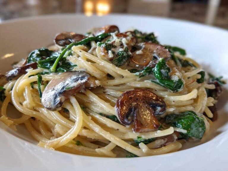 Close-up of creamy mushroom pasta featuring spaghetti, sautéed mushrooms, and wilted spinach in a white bowl.
