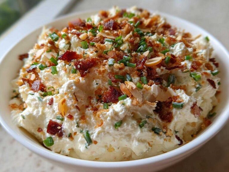 A close-up of the finished Neiman Marcus dip, a creamy white mixture topped with bacon bits, sliced almonds, and fresh green chives.