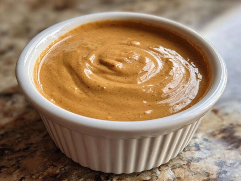 Close-up of thick, creamy peanut sauce swirled inside a small white fluted ramekin.
