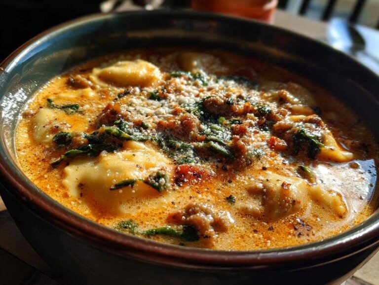 Close-up of a hearty bowl of creamy ravioli soup, topped with meat, spinach, and grated cheese.
