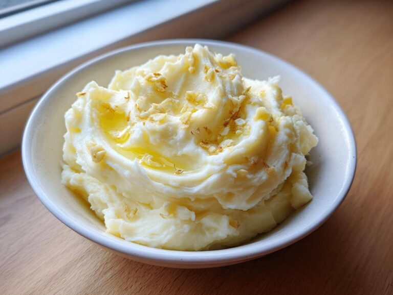 A bowl of fluffy, creamy slow cooker mashed potatoes topped with melted butter and crispy fried garlic bits.