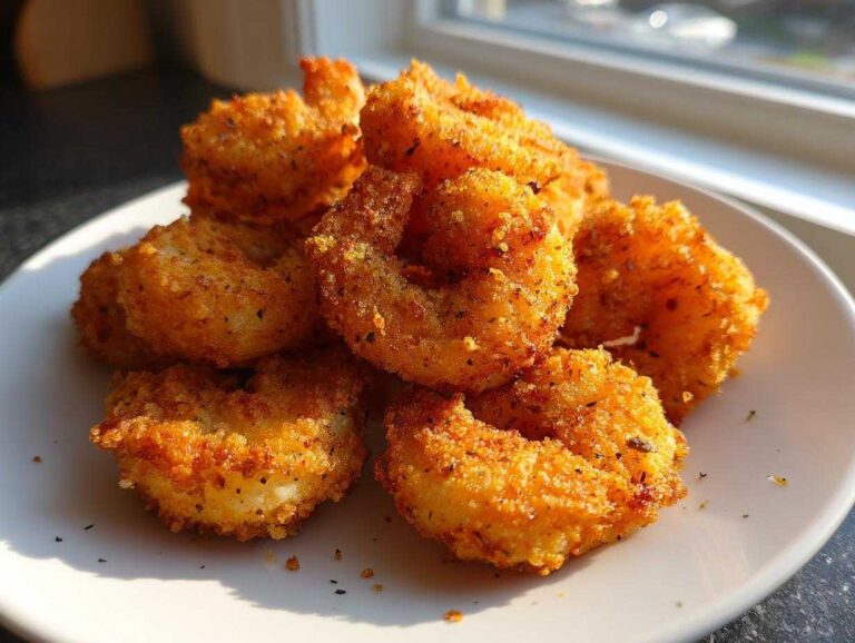 A close-up of golden brown, crispy fried shrimp piled on a white plate, highlighted by natural sunlight.