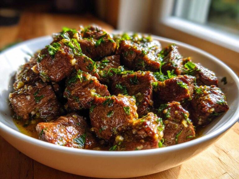 Close-up of tender, browned crockpot steak cubes coated in a rich, garlicky herb sauce.