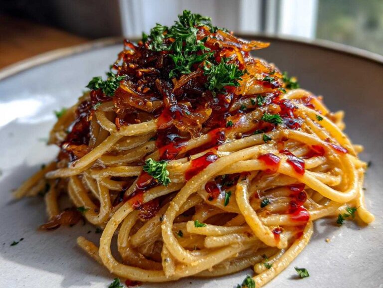 A close-up of a mound of creamy spaghetti topped with rich caramelized onion pasta and fresh parsley.