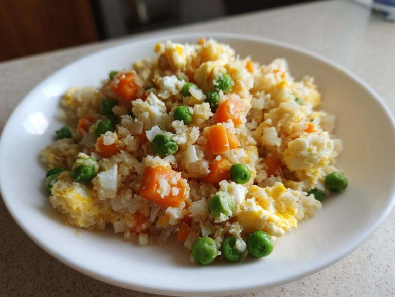 A close-up of a white plate filled with healthy cauliflower fried rice mixed with scrambled egg, bright green peas, and diced carrots.