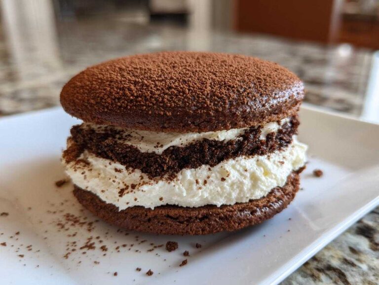 A decadent, chocolate tiramisu cookies sandwich filled with white cream, dusted heavily with cocoa powder.