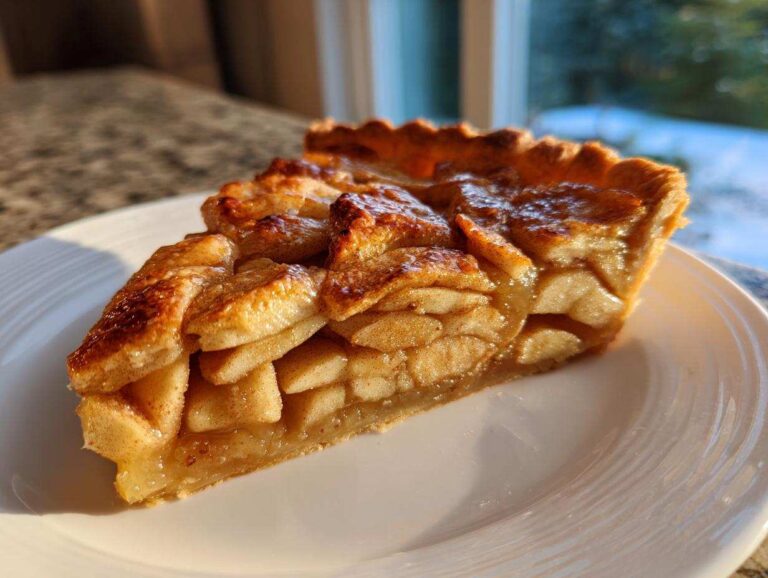 A close-up slice of a golden-brown apple tart showing layered, caramelized apples on a white plate.