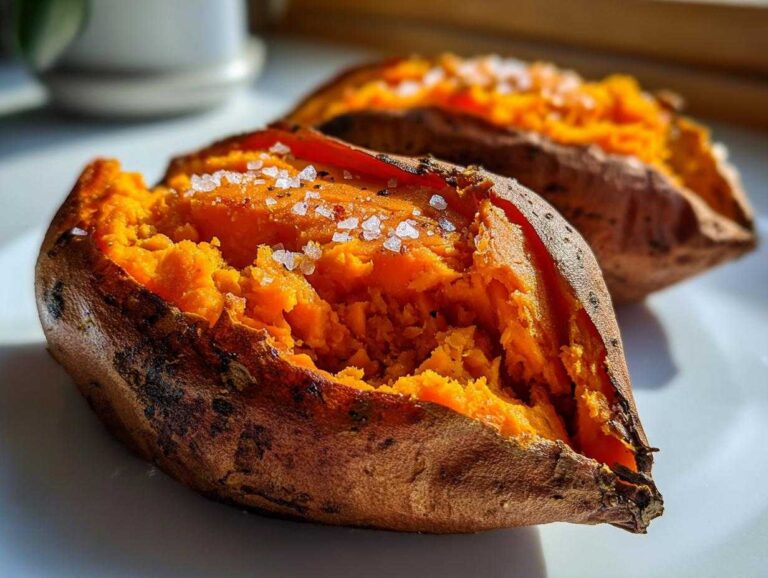 Close-up of a fluffy baked sweet potato, split open and topped with coarse sea salt.