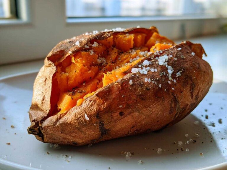 A perfectly cooked, fluffy baked sweet potatoes split open and topped with coarse sea salt and pepper.