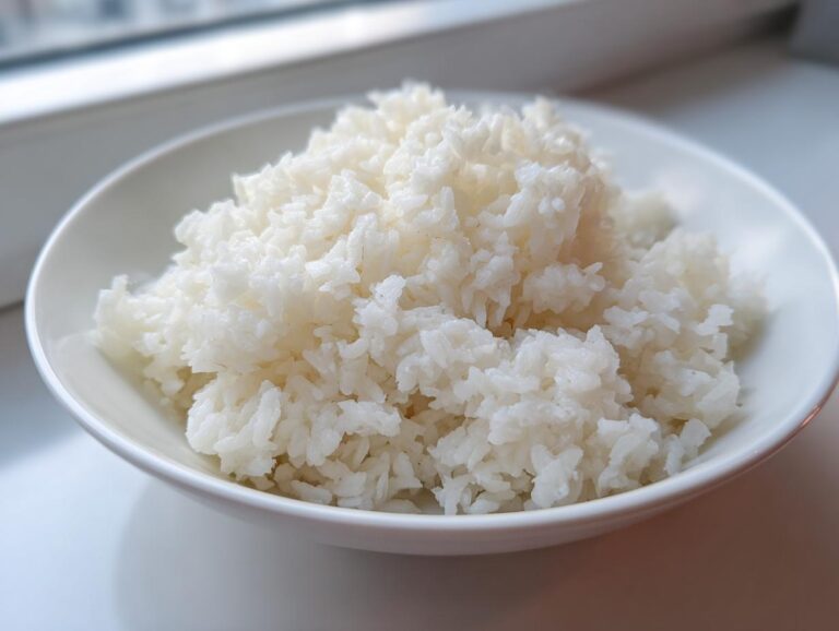 A close-up of fluffy white cauliflower rice served in a simple white bowl.