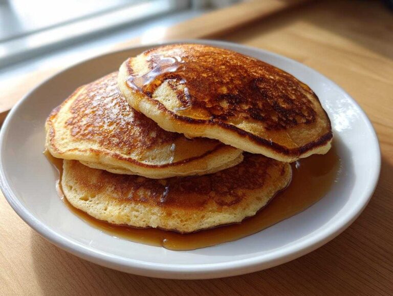 A stack of three fluffy coconut flour pancakes drizzled generously with maple syrup on a white plate.