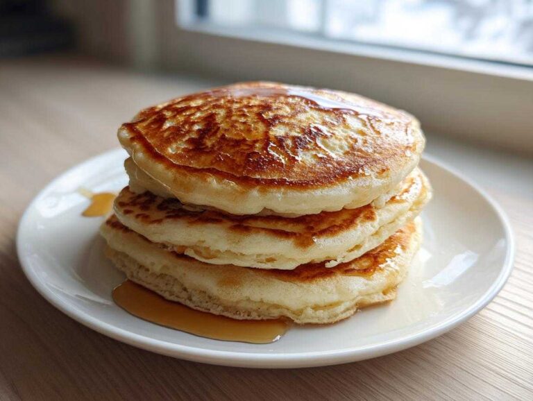 A stack of three golden brown greek yogurt pancakes drizzled with maple syrup on a white plate.