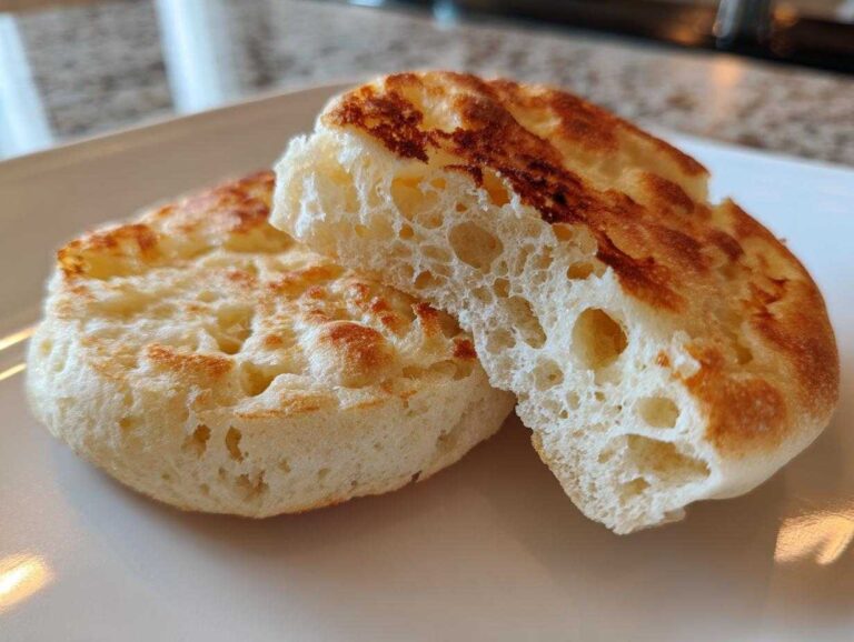 Close-up of homemade English muffins split open, showing the signature nooks and crannies texture.