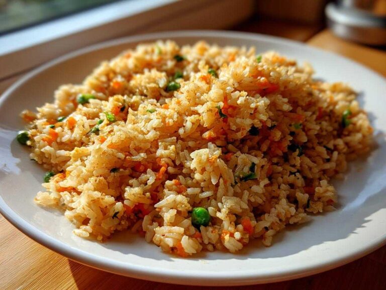 A generous serving of fluffy Mexican rice mixed with diced carrots and green peas on a white plate.