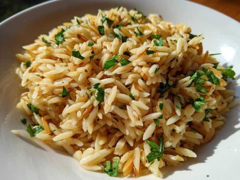 Close-up of fluffy rice pilaf made with toasted orzo pasta, garnished generously with fresh chopped parsley.