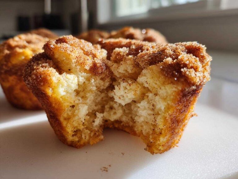 Close-up of a french toast muffins with a bite taken out, showing the fluffy interior and cinnamon sugar topping.
