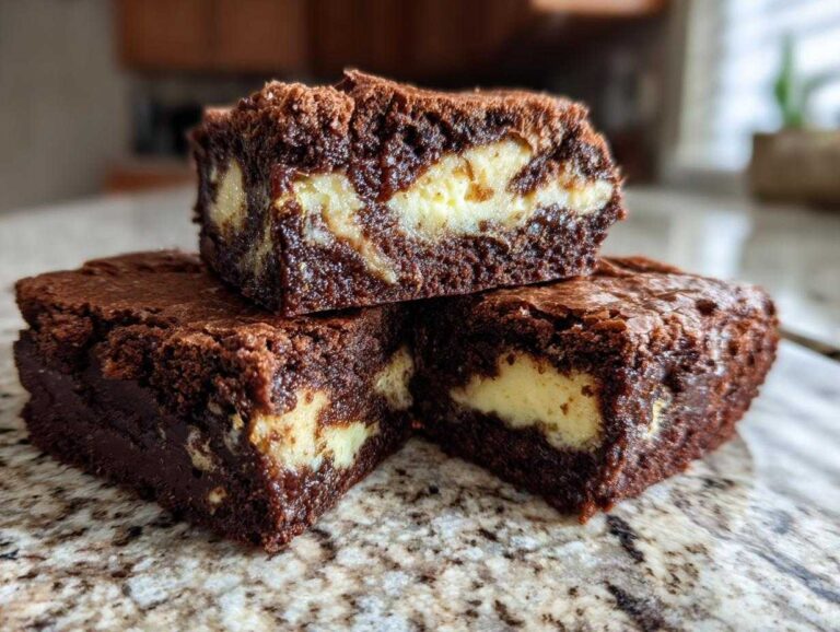 Three rich, fudgy cream cheese brownies stacked on a granite counter, showing the creamy white swirl center.