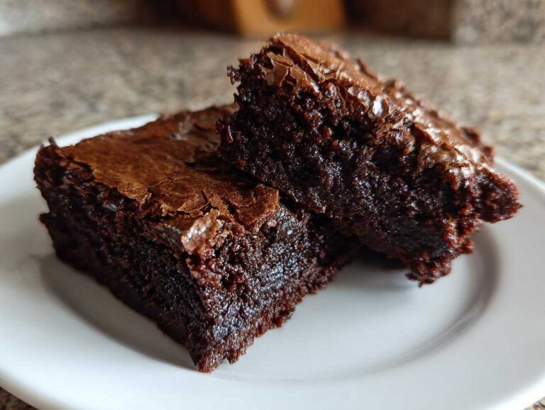 Close-up of two fudgy date brownies stacked slightly on a white plate, showing a shiny, crackly top.