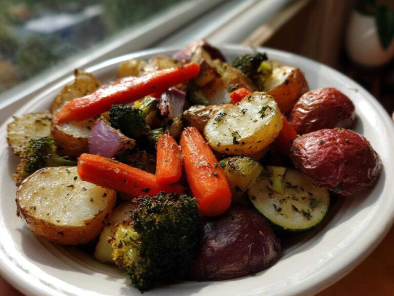 A close-up of vibrant Garlic Herb Roasted Veggies including potatoes, carrots, broccoli, and zucchini on a white plate.