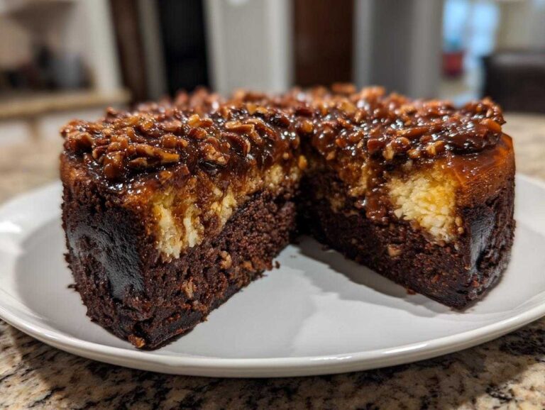 A rich slice of german chocolate cheesecake showing a dark chocolate base, creamy filling, and gooey pecan topping.