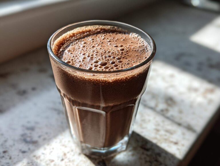 Close-up of a tall, textured glass filled with blended frozen hot chocolate, showing a frothy top.