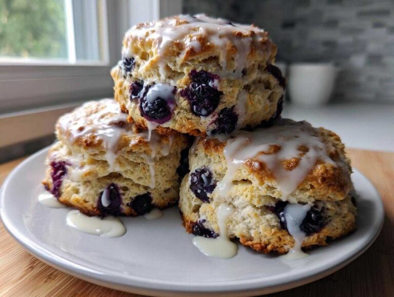 A stack of three flaky blueberry scones topped with a thick vanilla glaze, featuring visible bursts of purple blueberries.