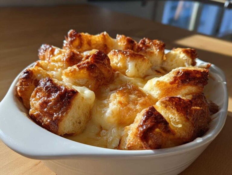Close-up of bubbly, melted cheese bread cubes baked to a golden brown in a white dish.