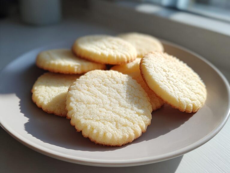 A stack of freshly baked, round butter cookie treats resting on a light gray plate near a window.