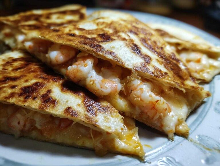 Close-up of a perfectly grilled shrimp quesadilla, showing plump shrimp and melted cheese oozing out.