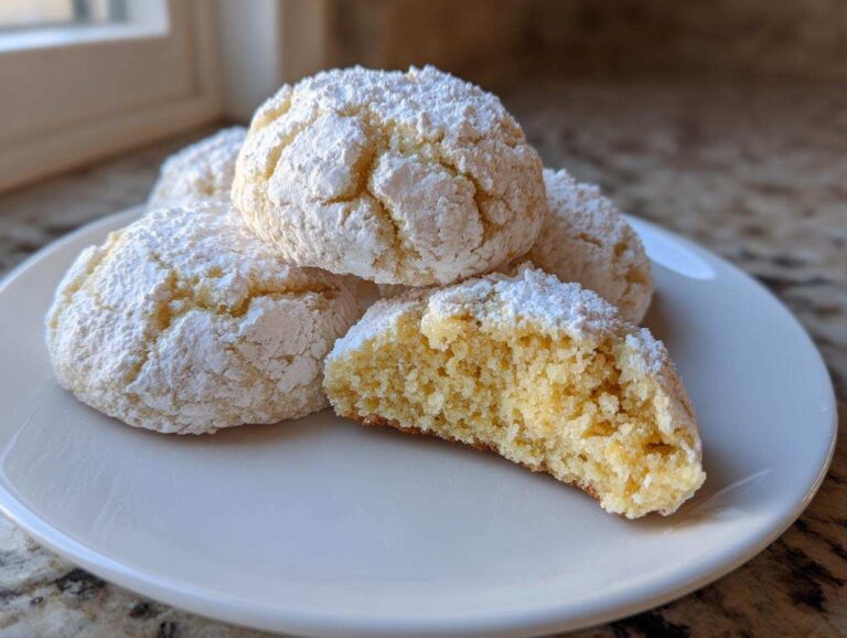 A stack of powdered sugar-dusted gooey butter cookies, with one cookie broken open to show the soft, yellow interior.