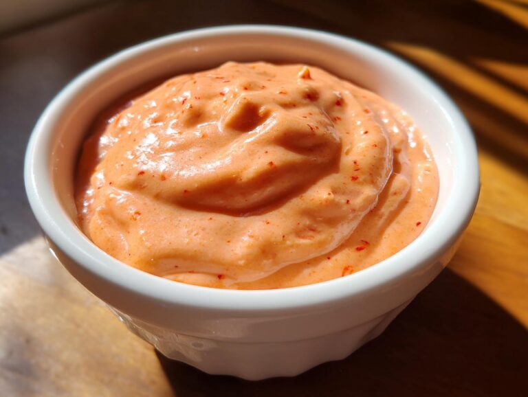 Close-up of creamy, orange-pink homemade burger sauce with red spice flecks in a small white bowl.
